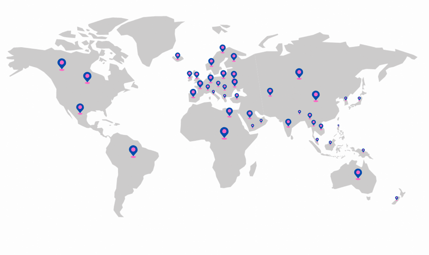"An interactive map illustrating the global network of a company or service, highlighting regions 