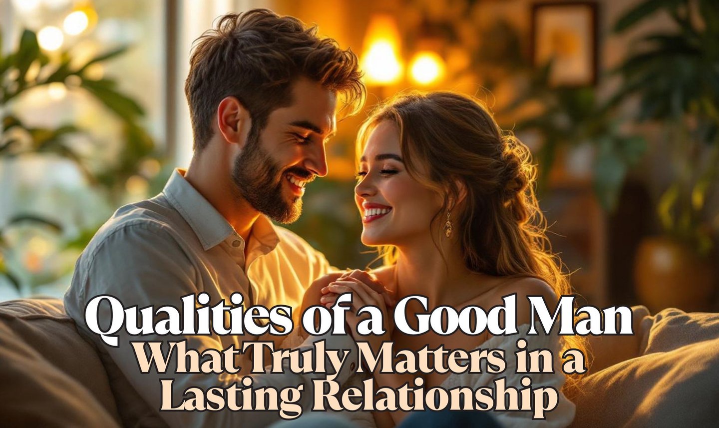 a man and woman sitting on a couch with the words qualities of a good man