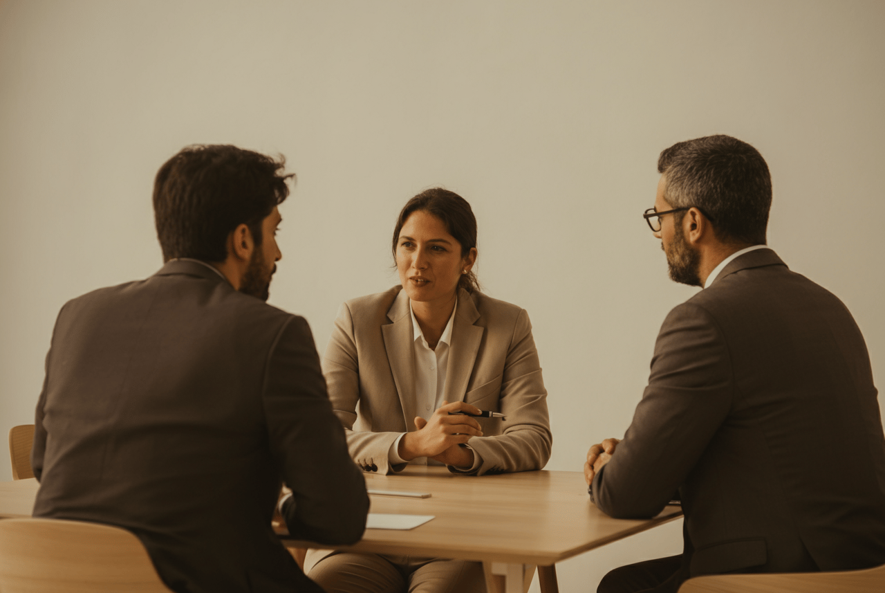 two men and woman sitting at a table