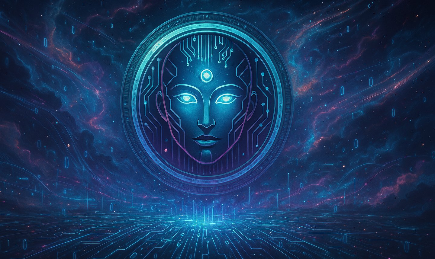 Futuristic AI emblem with glowing circuitry, cosmic background, and digital elements representing PersonAI.