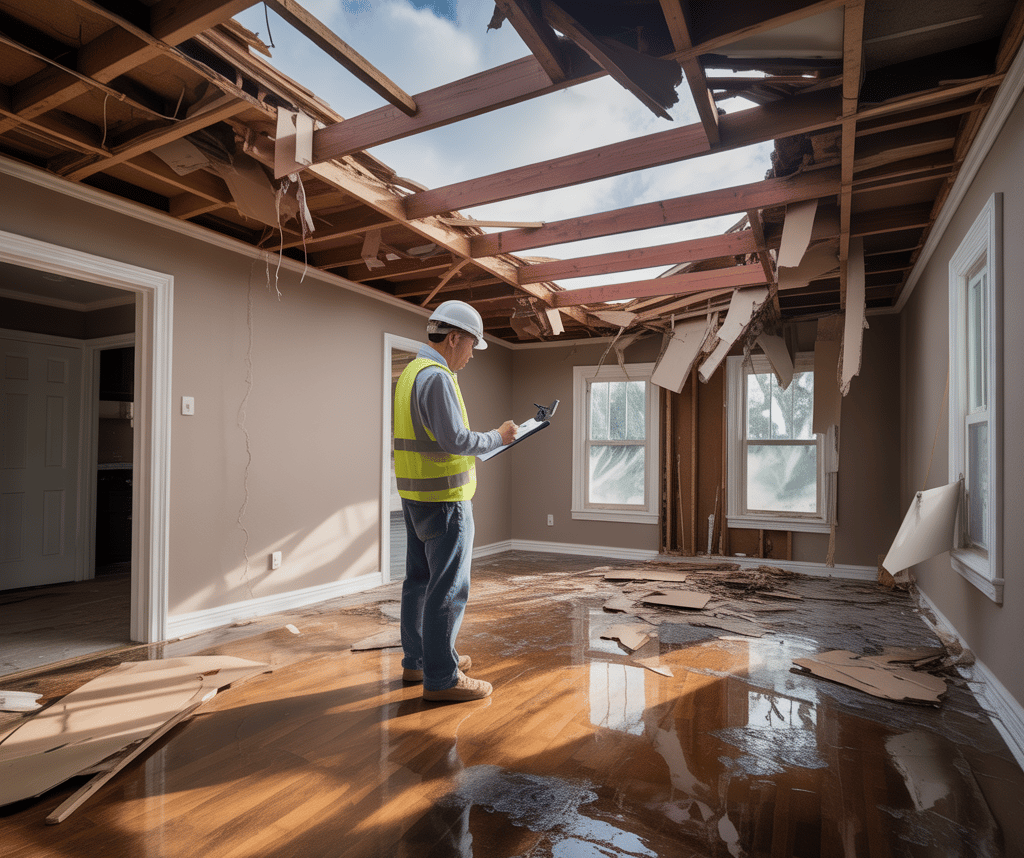 Insurance adjuster inspecting severe roof and water damage inside a flooded home after a storm.