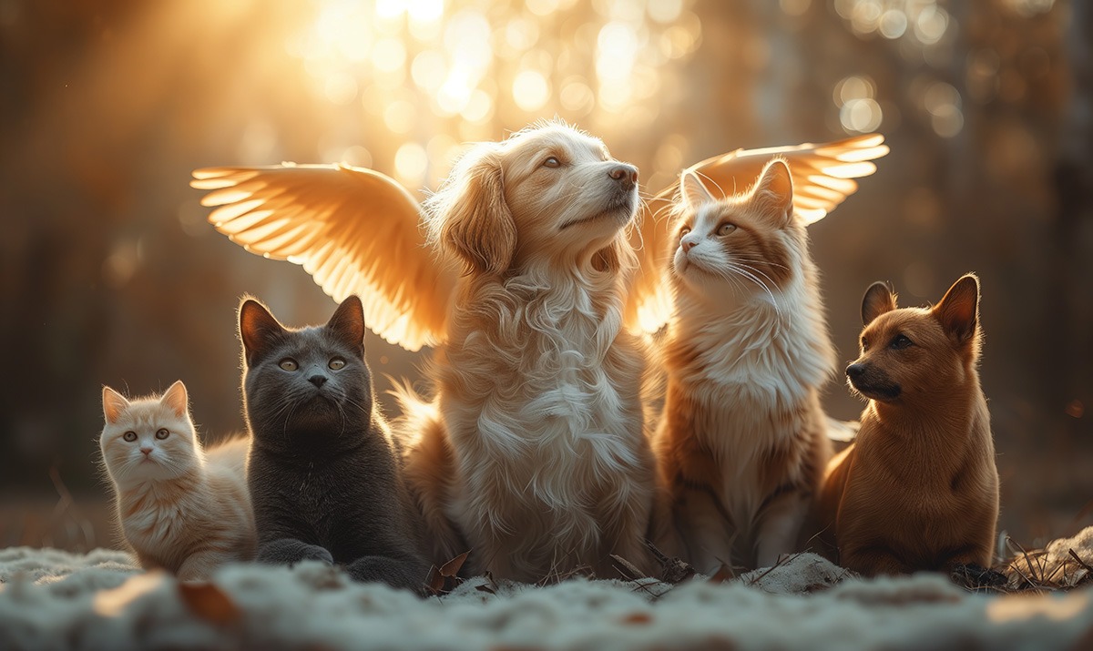 an angelic dog with its wings spread over dogs and cats.
