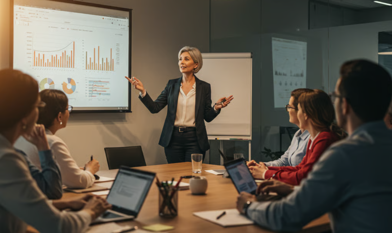 Profissional apresentando dados em reunião corporativa demonstrando como aparelhos auditivos mantêm 
