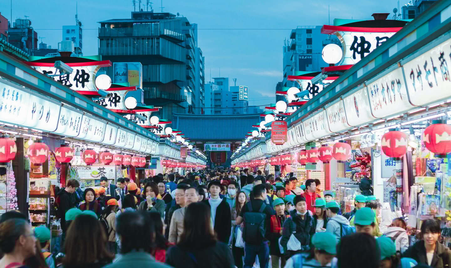 Traditional Nakamise shopping street in Asakusa Tokyo with souvenir stalls