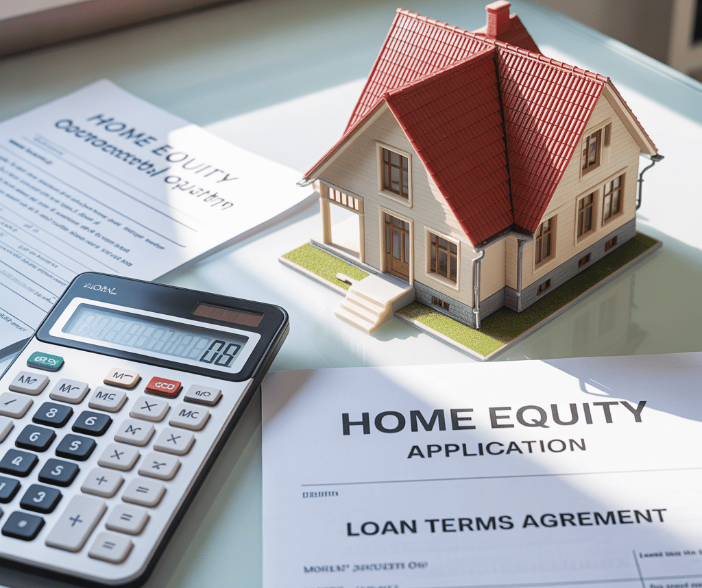 Homeowner reviewing financial documents and calculator while planning a home equity loan 