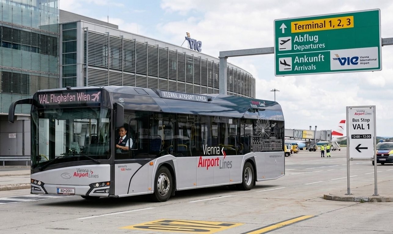 Autobús gris de Vienna Airport Lines estacionado en el Aeropuerto de Viena