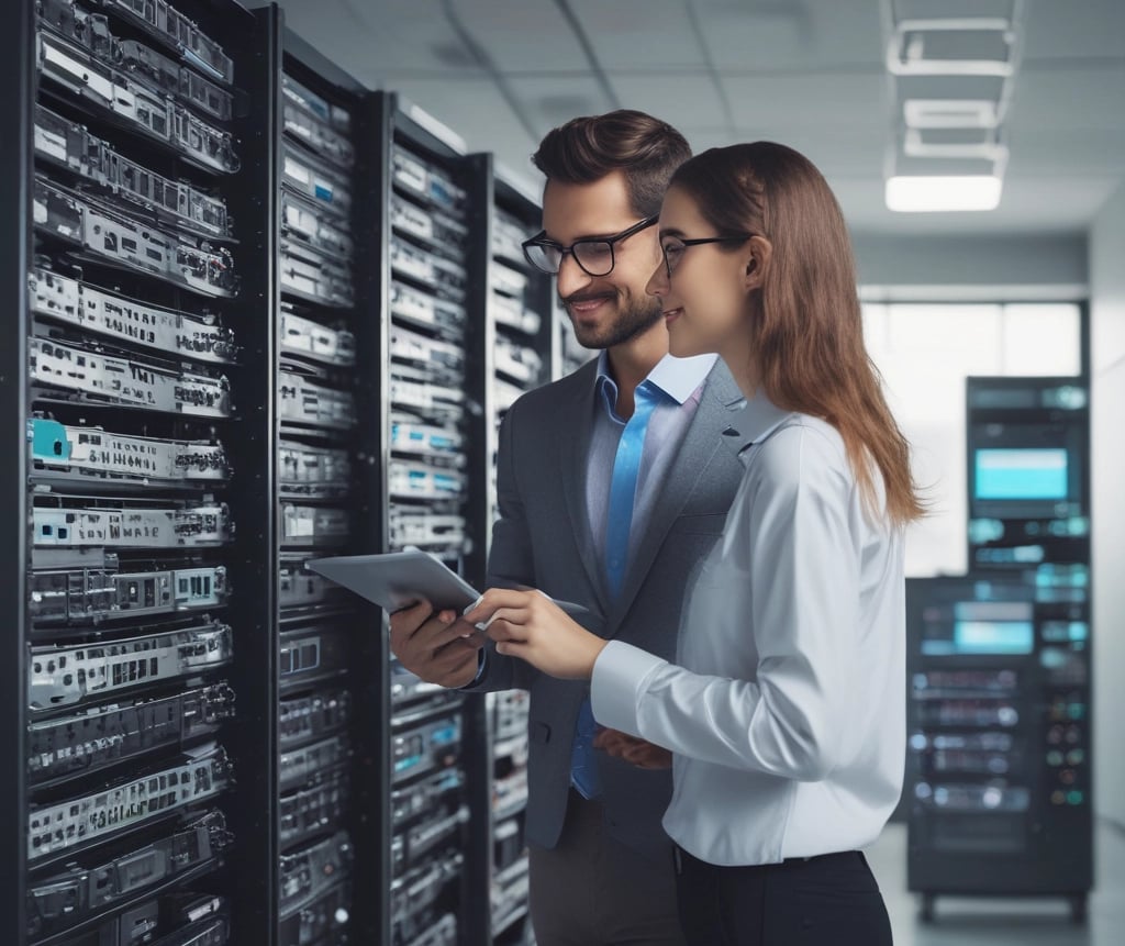 A friendly technician assisting a client with network setup in a modern office environment.