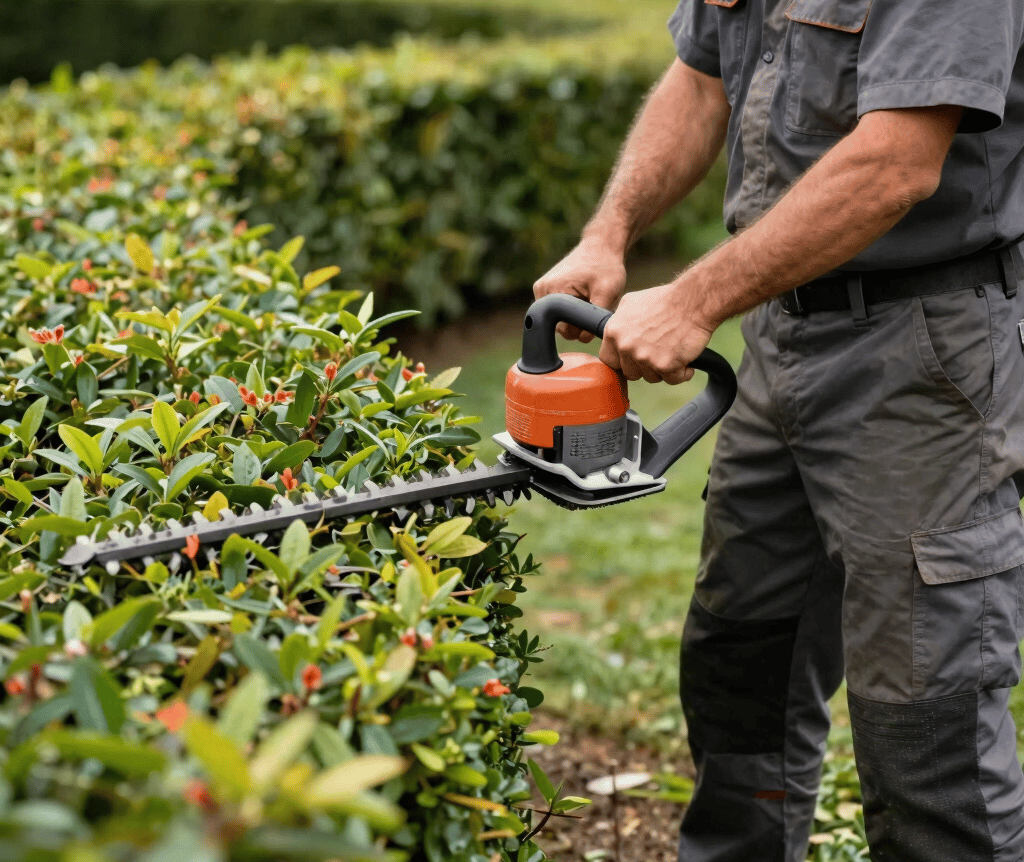 A veteran landscaper carefully mowing a lush green lawn under a bright blue sky.