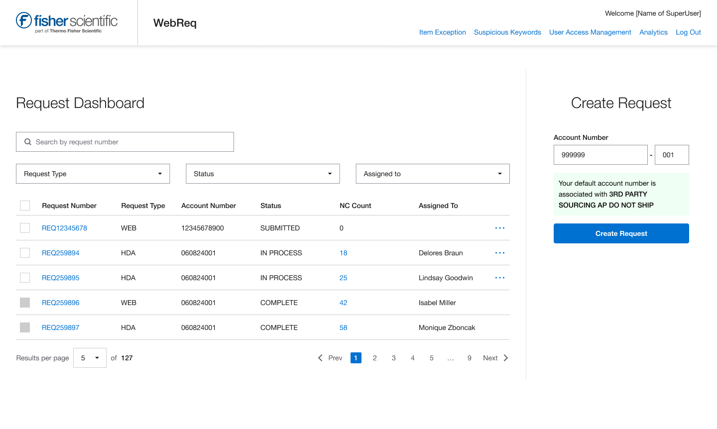 Fisher Scientific WebReq request dashboard interface showing laboratory order status and account management.