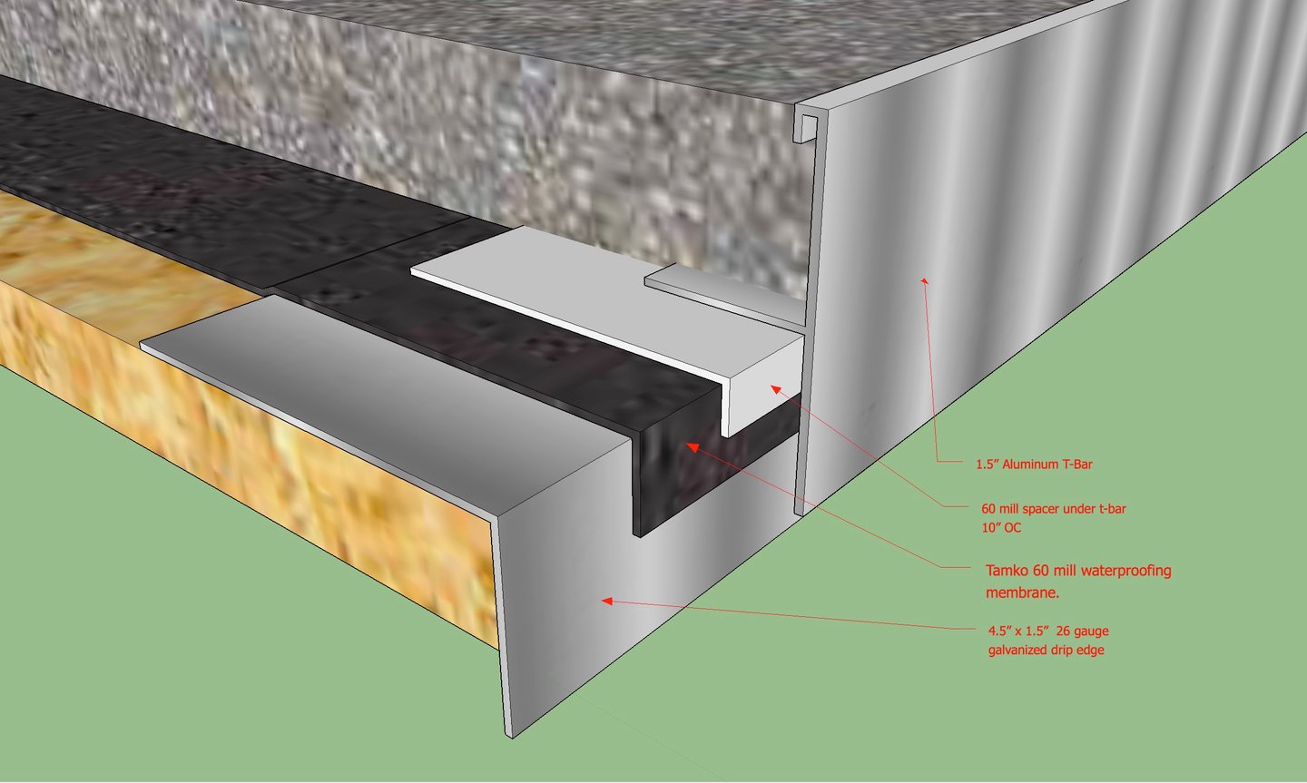 Balcony edge detail with aluminum T-Bar as finished edge.