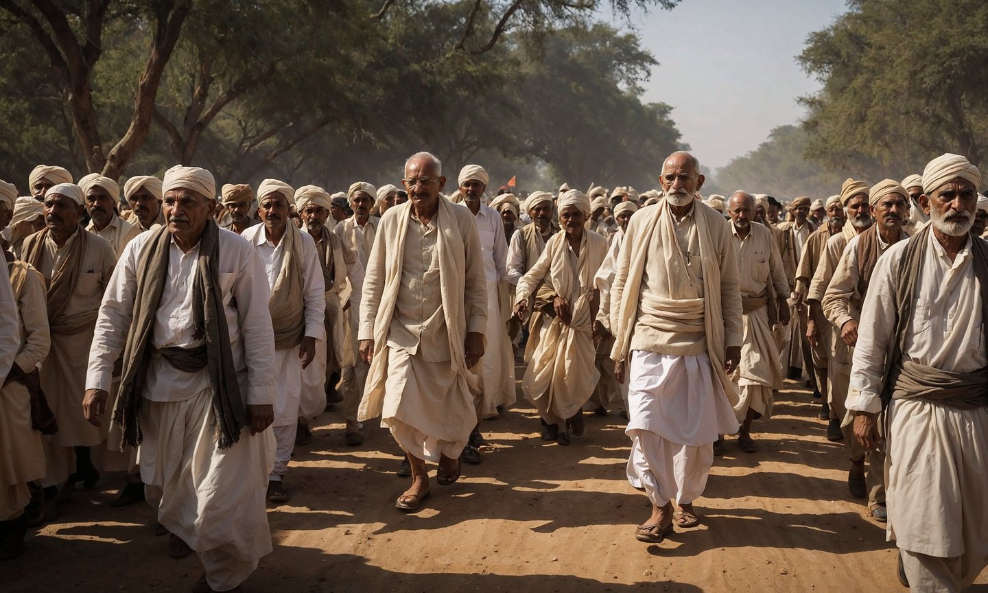Mahatma Gandhi, at the Salt March with Chandra Singh Garhwali