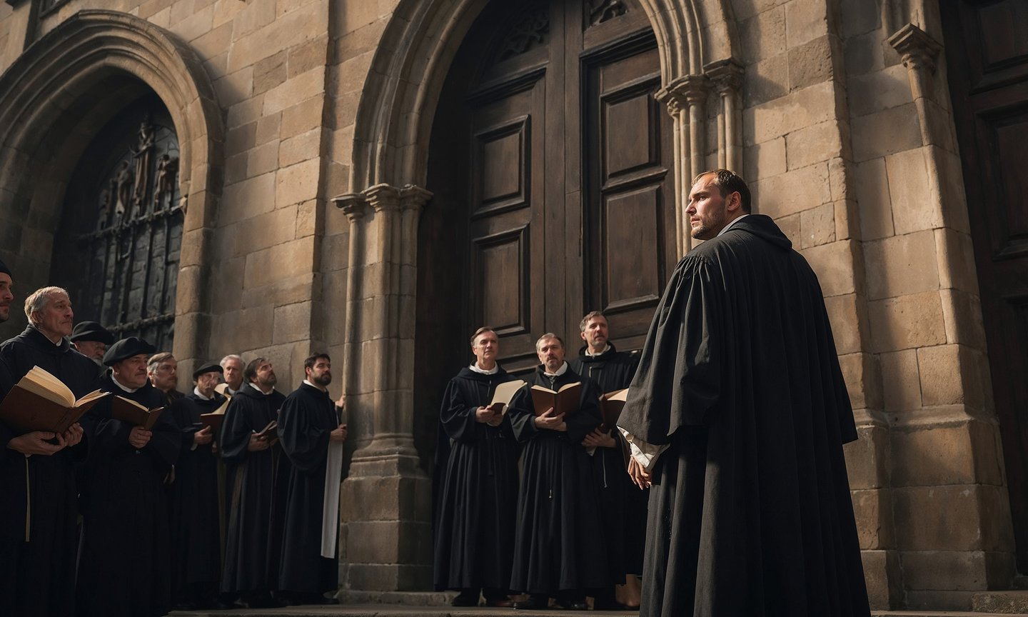 Martin Luther standing outside the church in bold defiance