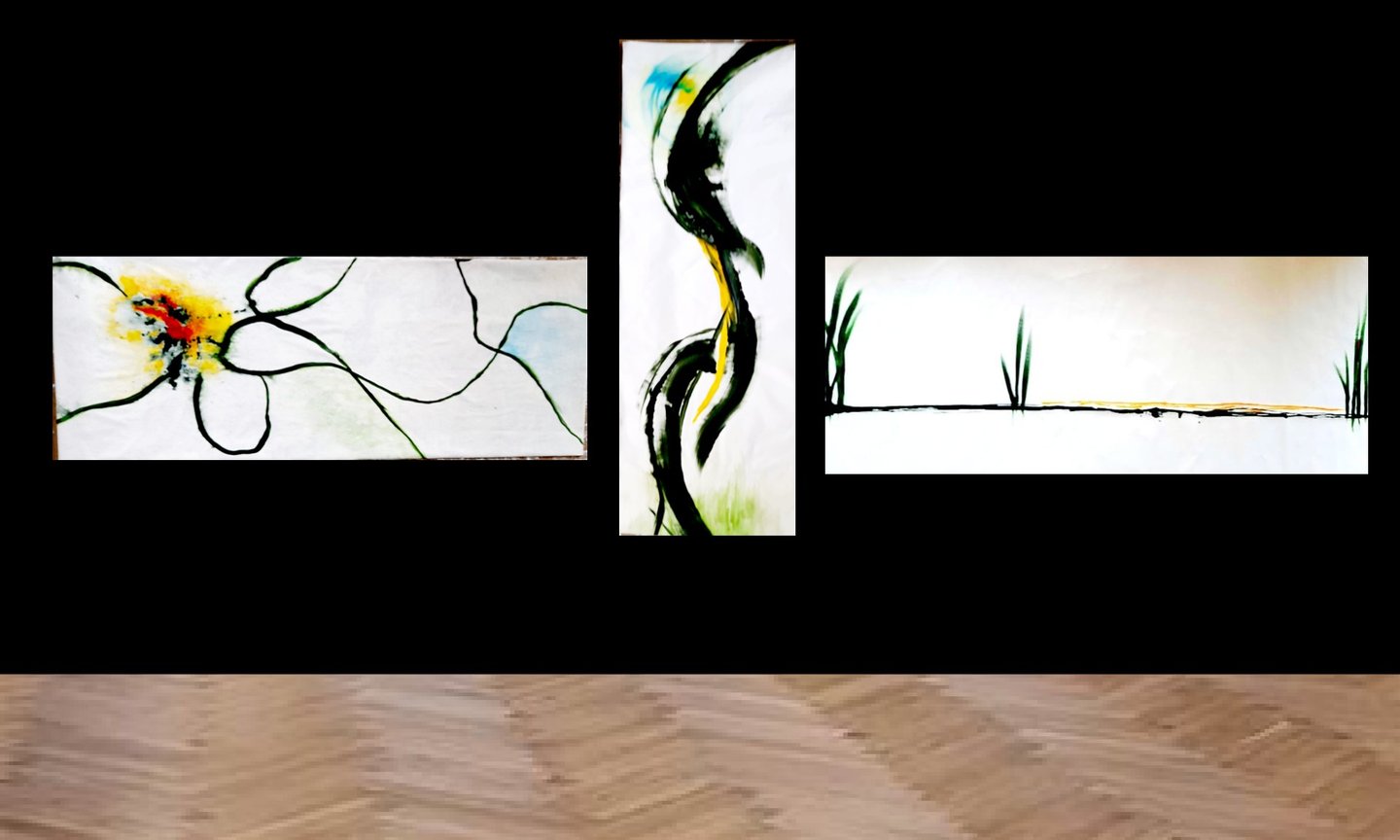 Triptyque Jacqueline Poitevin, trois toiles acryliques, peinture abstraite gestuelle contemporaine