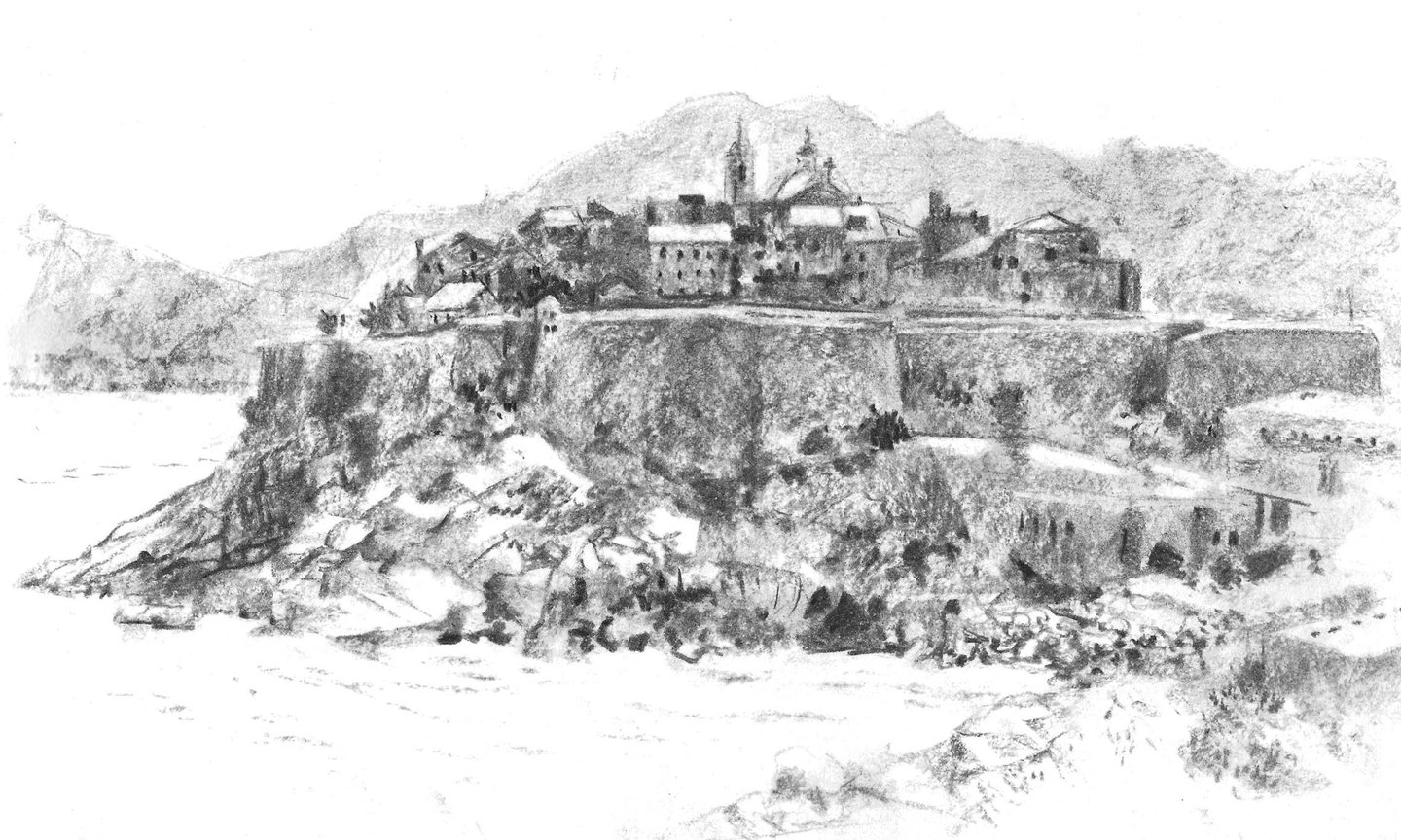 Dessin de paysage au fusain représentant Calvi en Corse