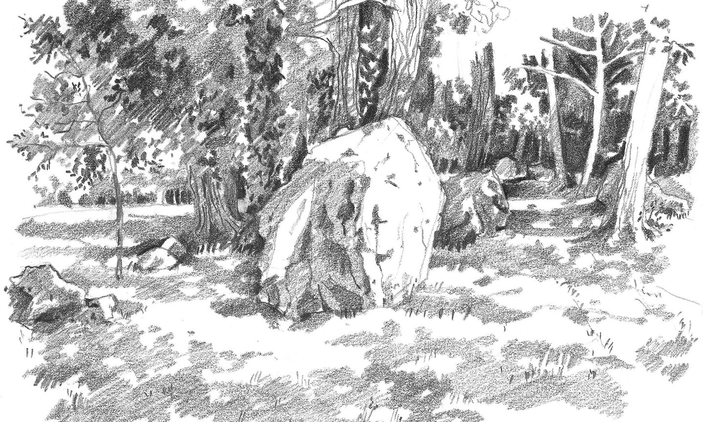 Dessin de paysage à la mine de plomb représentant des rochers en Bretagne