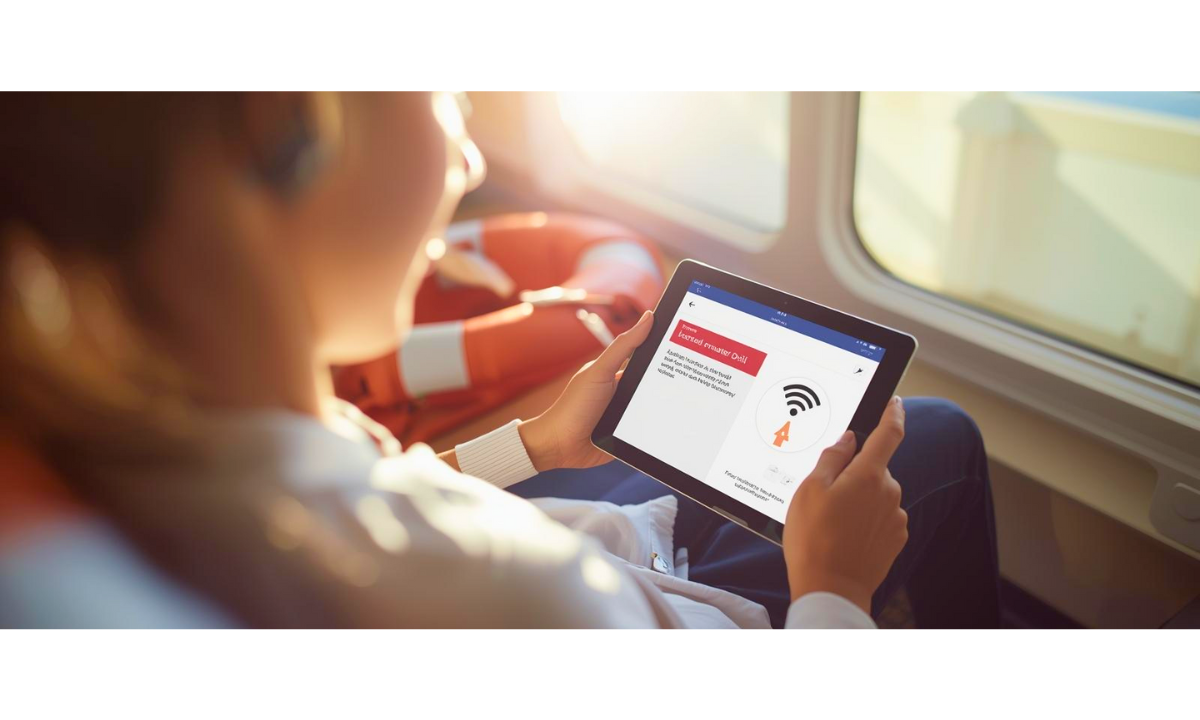 Passageiro realizando o self-mustering drill a bordo do navio