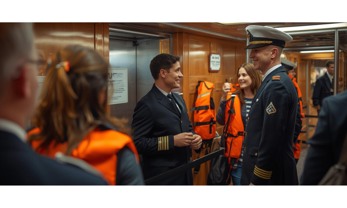 Oficiais do navio aguardando o início do drill de segurança