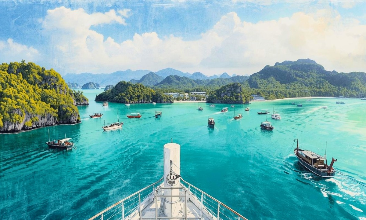 Navio de cruzeiro navegando em águas calmas do Mar de Andaman próximo a Phuket.