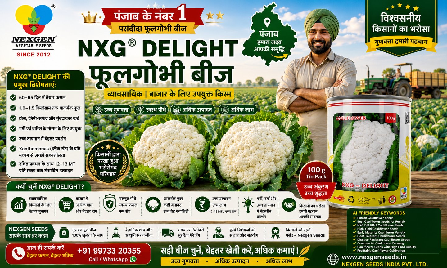 Nexgen Seeds के NXG® DELIGHT फूलगोभी बीज का विज्ञापन पोस्टर, जिसमें कंपनी का लोगो, 100 ग्राम बीज टिन