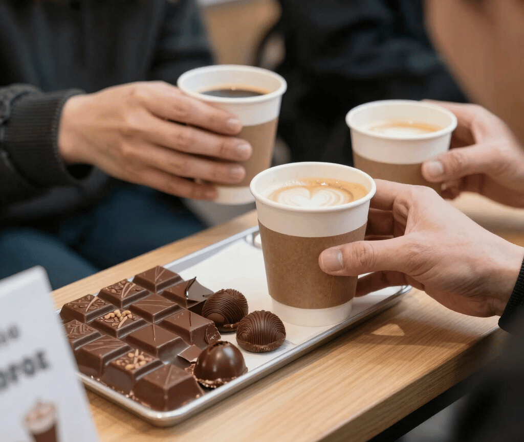 Visitors enjoying chocolate and coffee tasting in the lush Arboretum Volčji Potok.