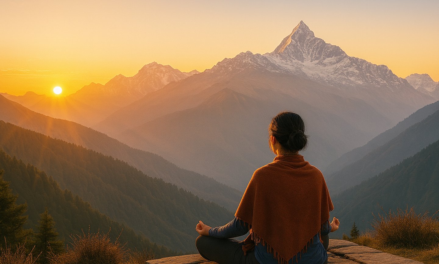 Woman meditates at sunrise facing snow-capped Himalayas, bathed in golden morning light