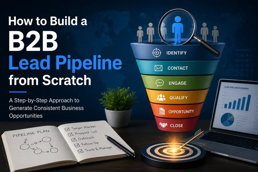 B2B lead pipeline process showing stages from identifying prospects to closing business opportunities