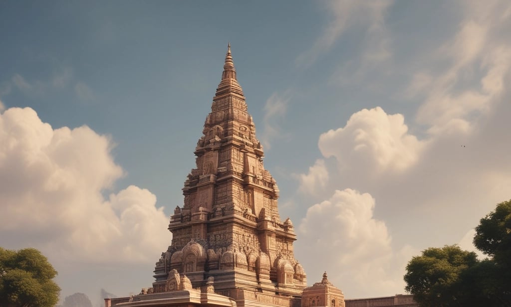 A serene temple courtyard bathed in golden sunlight, with ancient scriptures and marigold flowers arranged respectfully.