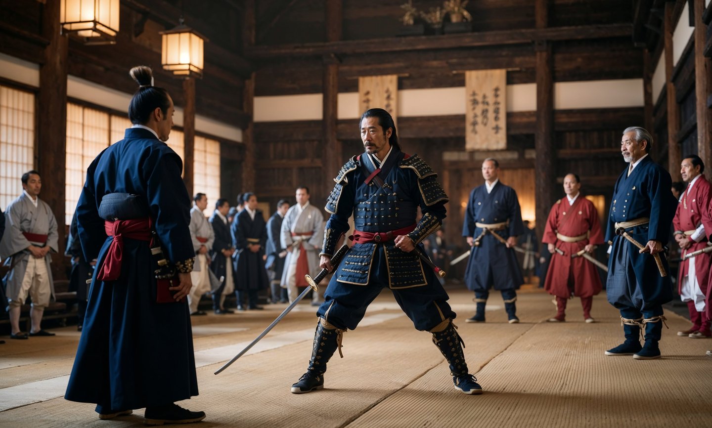 Lord Asano Naganori draws his sword in Edo castle against Lord Kira Yoshinaka