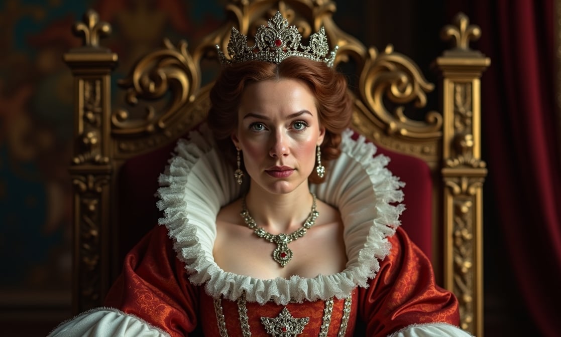Queen Elizabeth I, sits upon her throne