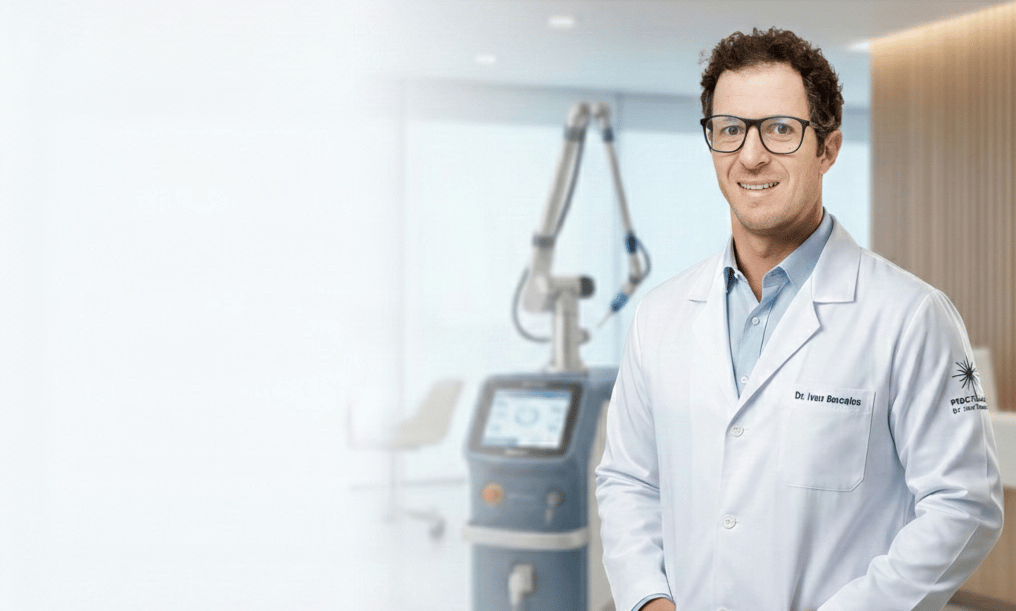 A smiling male doctor in a white coat standing next to a medical laser machine in a clinic.