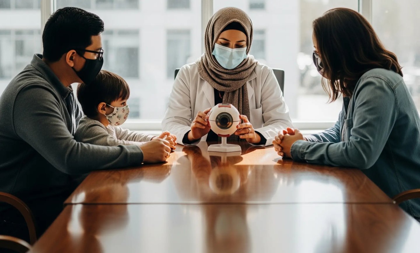 Optometrist counselling about eye health, eye diseases and management