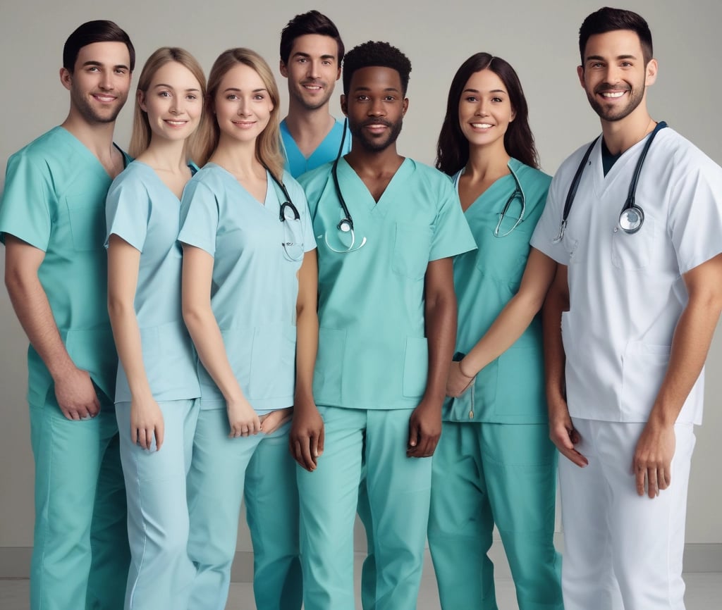 A group of diverse healthcare professionals wearing modern scrubs in a bright hospital setting.