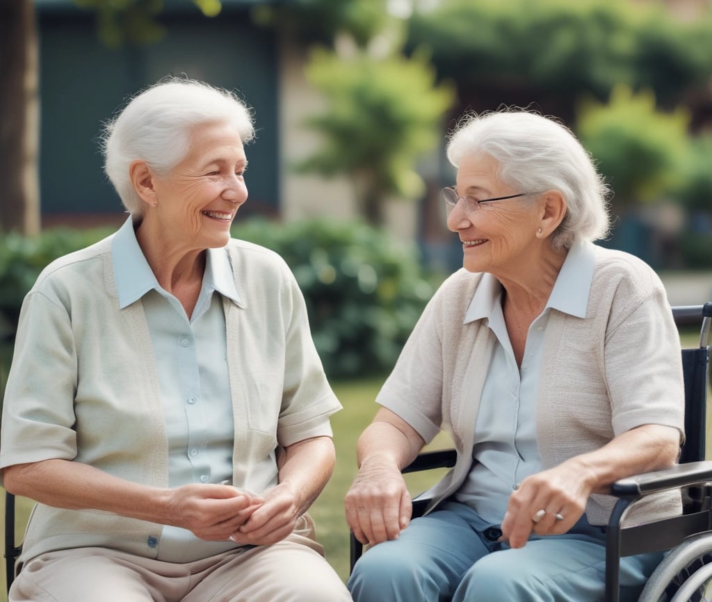 Elderly person smiling warmly while being gently assisted by a caregiver in a cozy home setting