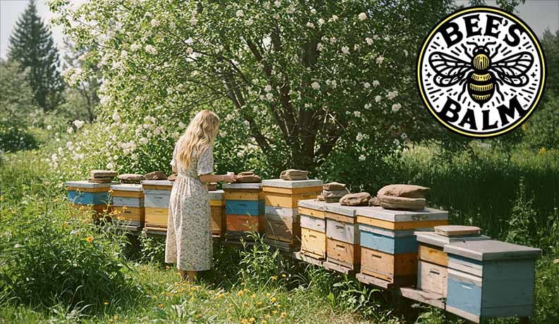 Blonde woman attending to beehives in Northern Colorado meadow for Bee's Balm Skin Salve
