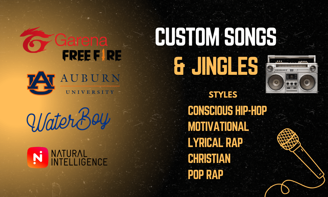  Custom Songs & Jingles Crafting full production unique hip-hop tracks and jingles