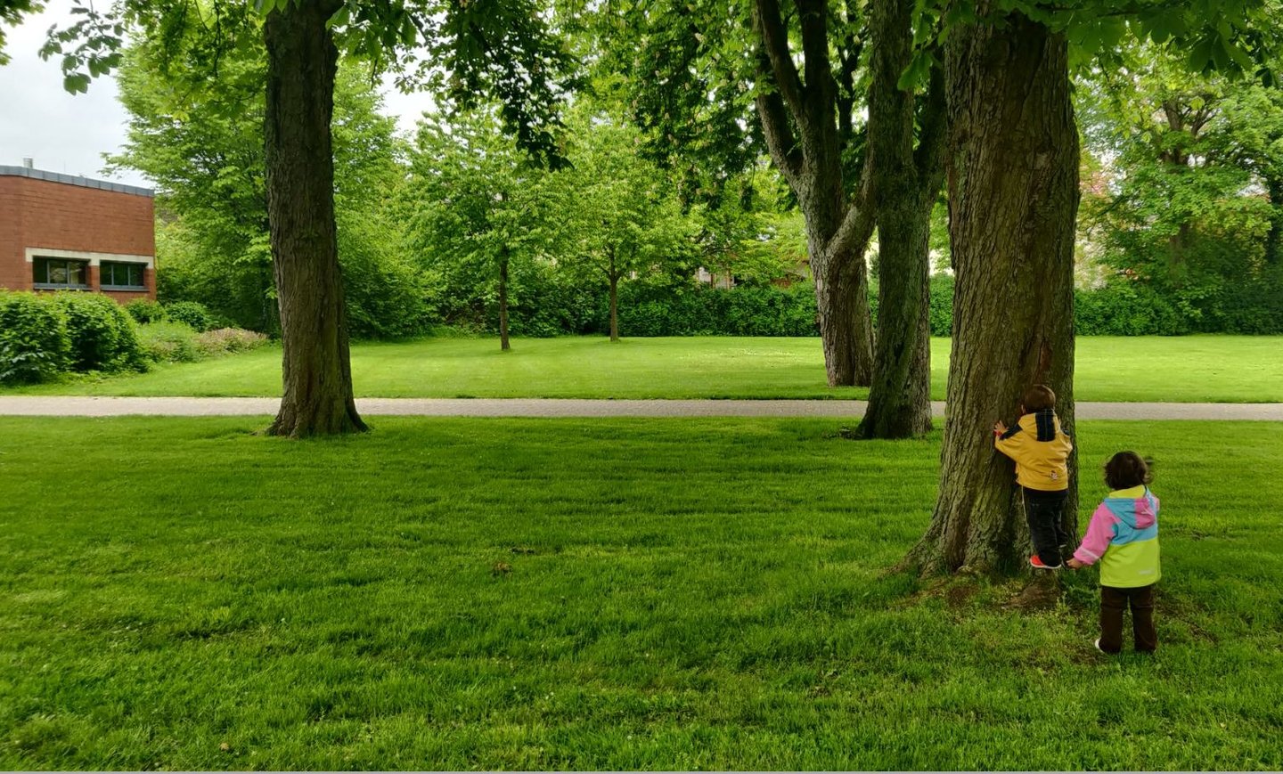 Die Zwillinge mit Jörg Grube im Park an einem Baum stehend