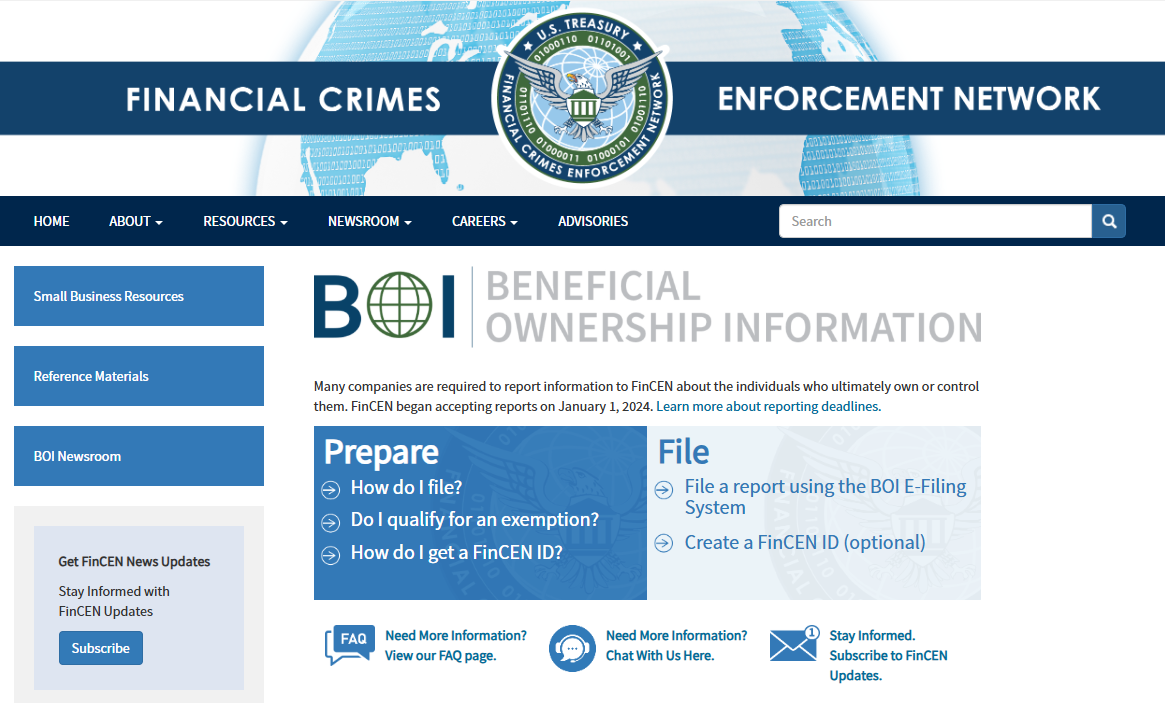screenshot of financial crimes enforcement network beneficial ownership information webpage