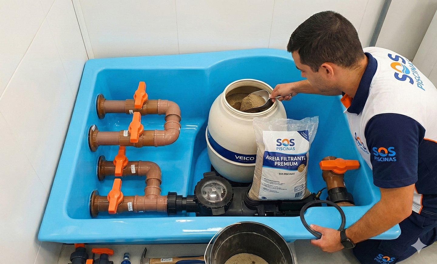 Troca de areia e carga filtrante para filtro de piscina residencial para garantir água cristalina.