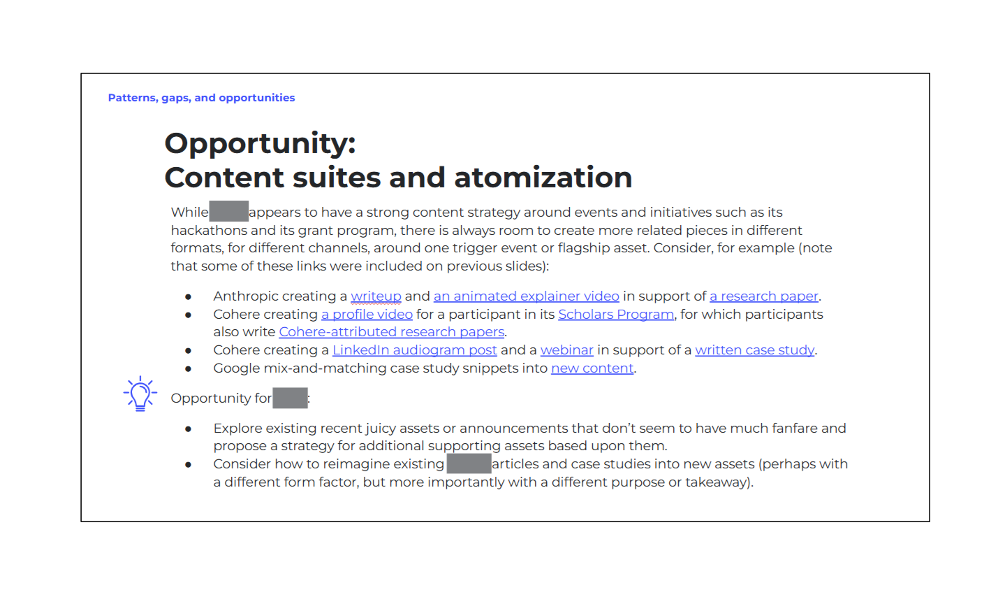 A slide with the headline "Opportunity: Content suites and optimization"
