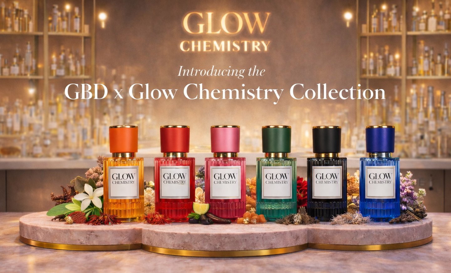 Glow Chemistry luxury inspired by collection showcased in a fragrance lab