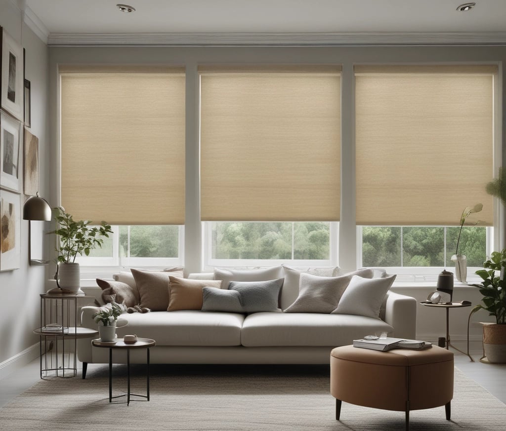 Sunlight filters through partially closed blinds, casting warm shadows on the window frame. A delicate lace curtain peeks through the slats, adding a touch of decorative detail.