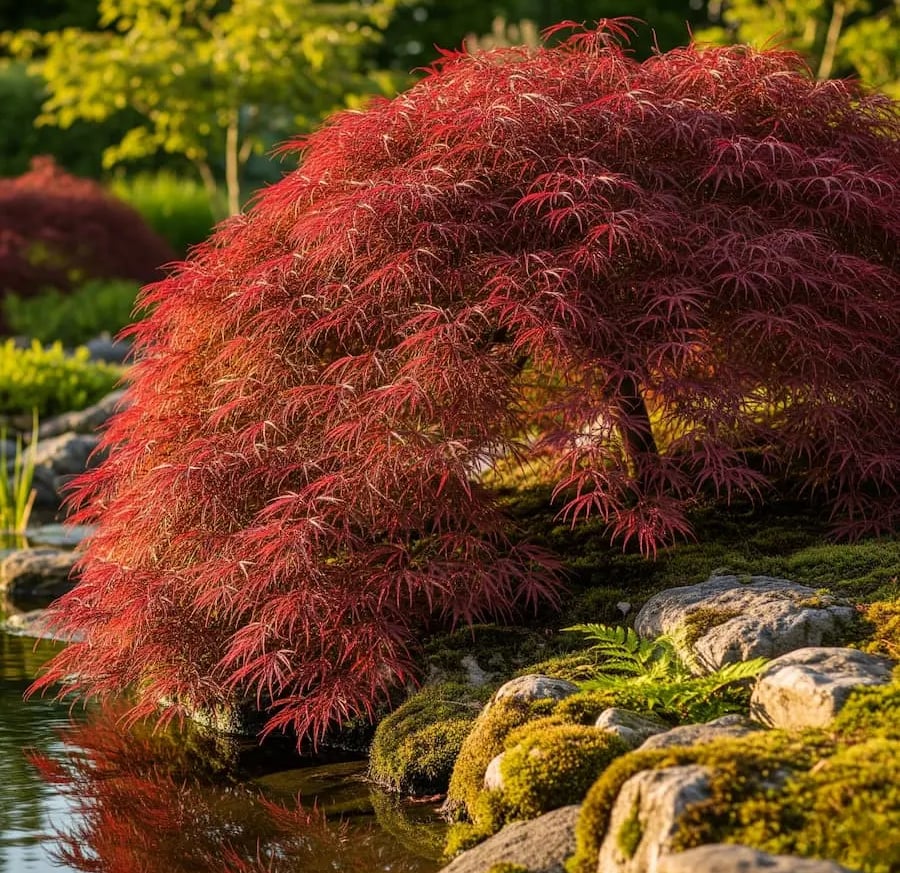 Acer Dissectum Garnet a la orilla de un río la espectacularidad de la naturaleza