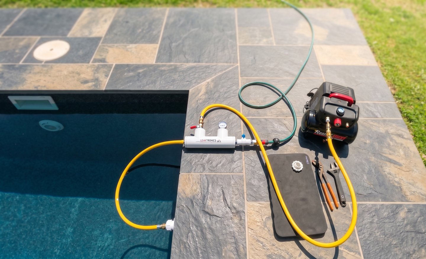 Professional swimming pool leak detection equipment and air compressor on a stone patio poolside.