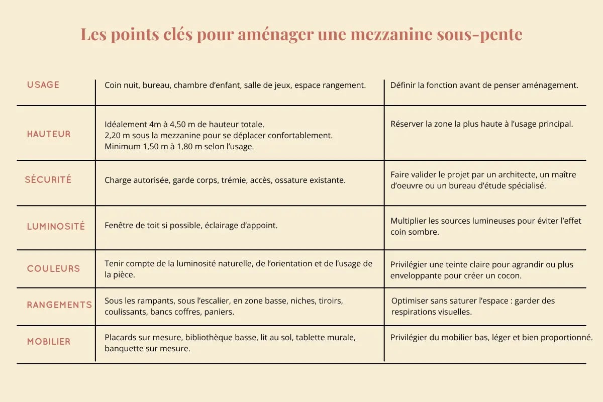 Infographie reprenant les points clés pour aménager une mezzanine sous-pente