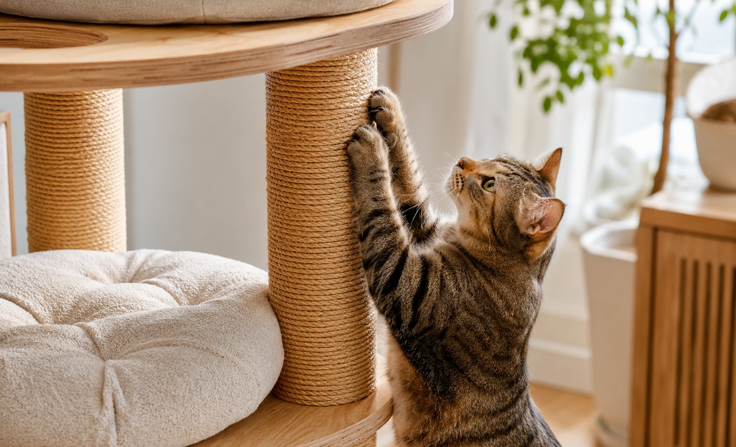 Cat scratching a sisal post on modern wooden pet furniture with soft cushions and natural materials 