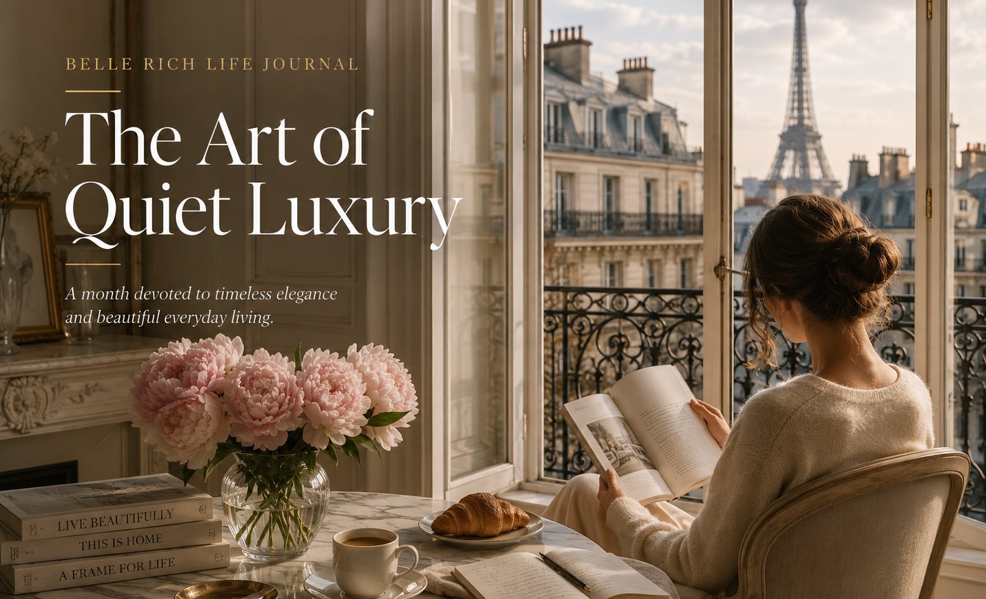 A woman reads by an open window overlooking the Eiffel Tower in a Parisian apartment with peonies and coffee.