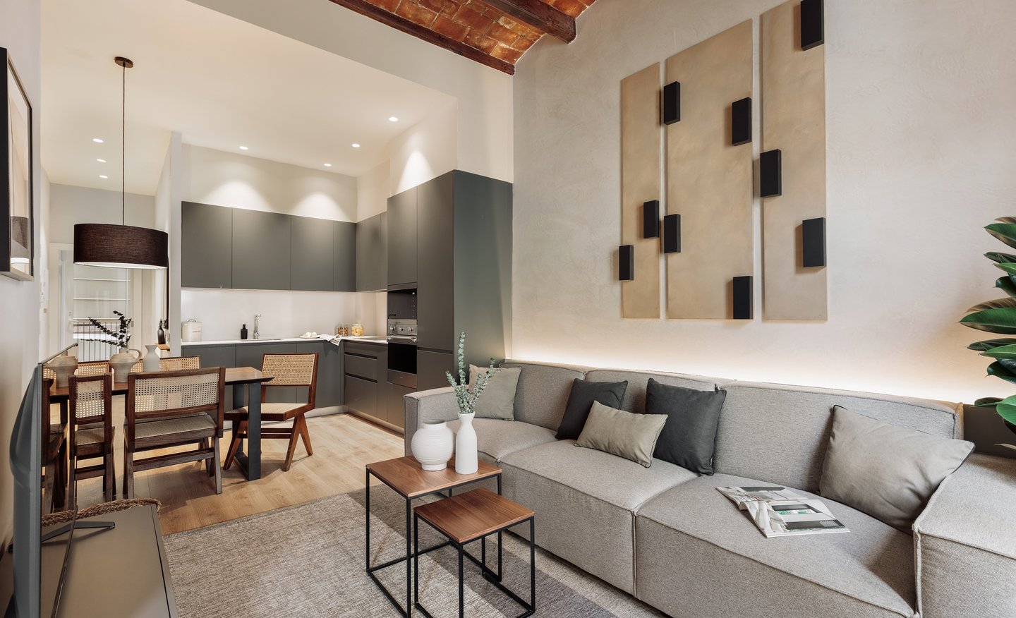 Contemporary Living room with custom art panels, open kitchen and a mix of modern and rustic design