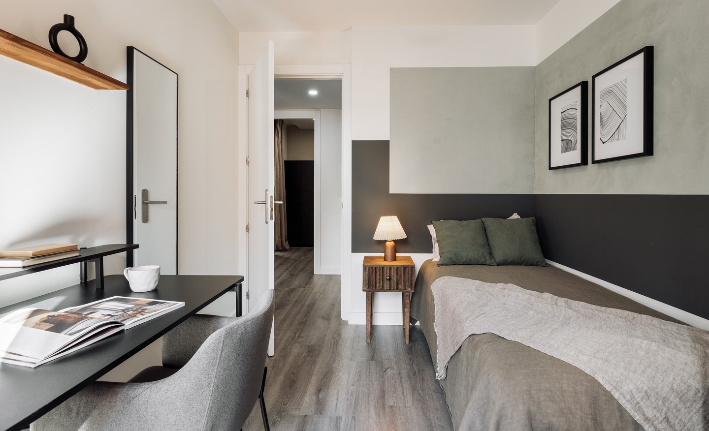 Elegant bedroom with artistic painting, calm color palette and modern minimalist design in Barcelona