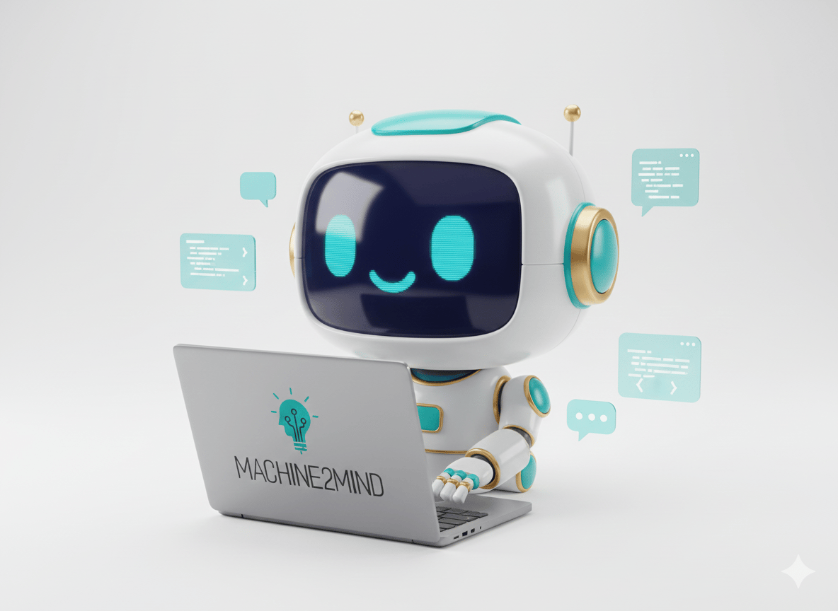 Machine2Mind Roboter arbeitet konzentriert am Laptop mit Firmenlogo