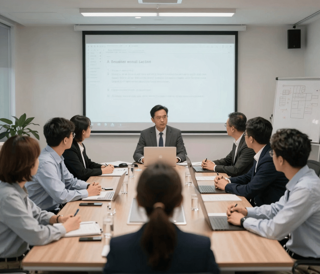 Professional team of chartered accountants collaborating in a modern office setting.